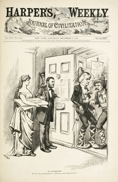 Geen Overgave; U.S.G., ik ben vastbesloten om die regels te handhaven, 1872 (houtsnede) door Thomas Nast